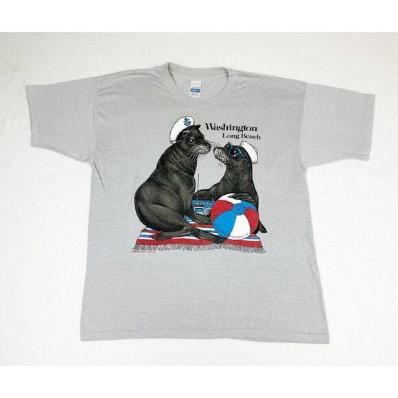 Vintage 1986 Washington Long Beach T-Shirt XL Gray Animals Single Stitch - Picture 1 of 10